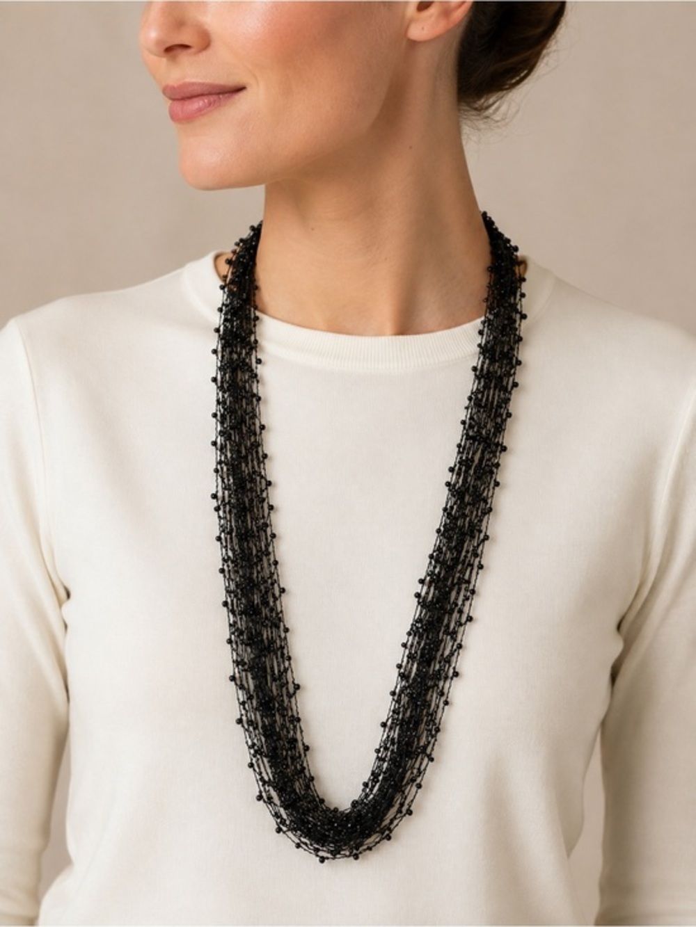 Black Beaded Fabric Multi Strand Layered Statement Necklace Boho Gothic